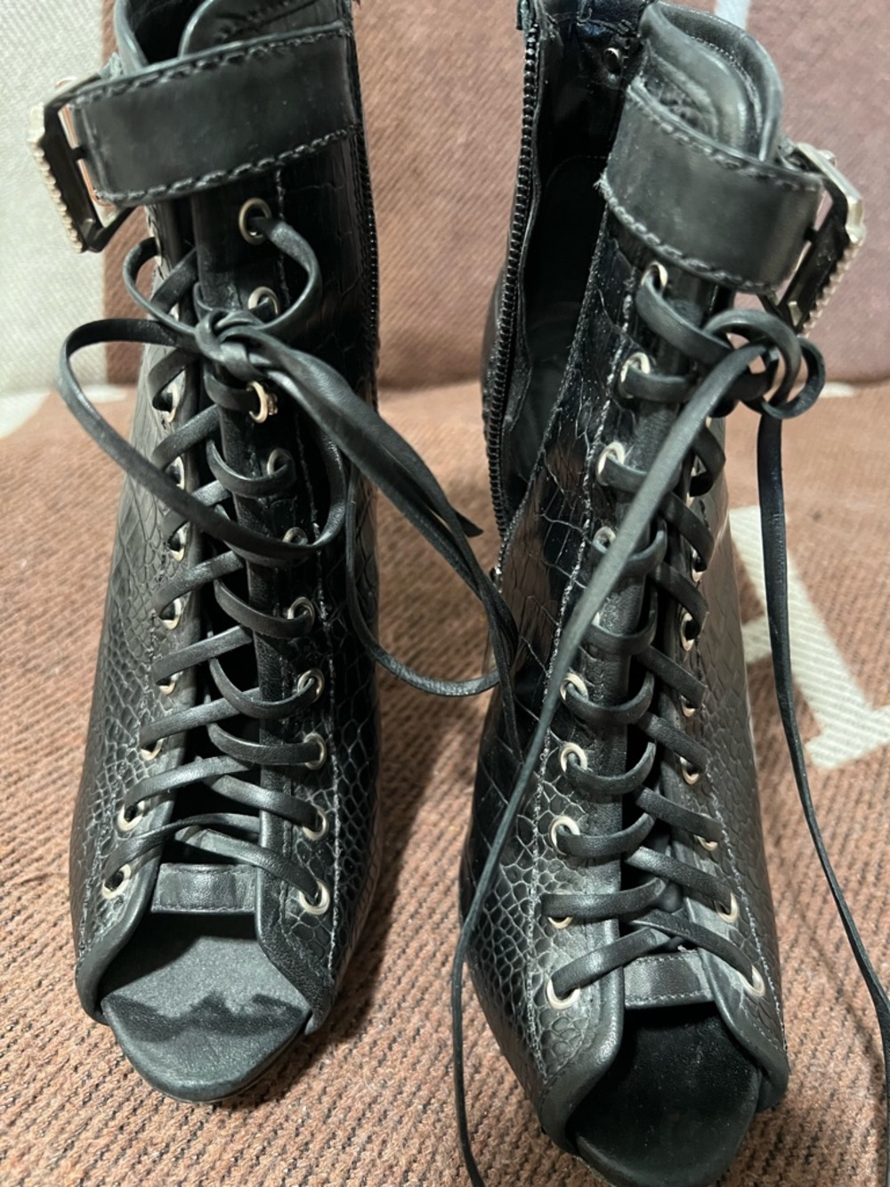 SCHUTZ Black Lace-Up Peep-Toe Ankle Boots with Buckle 7.5